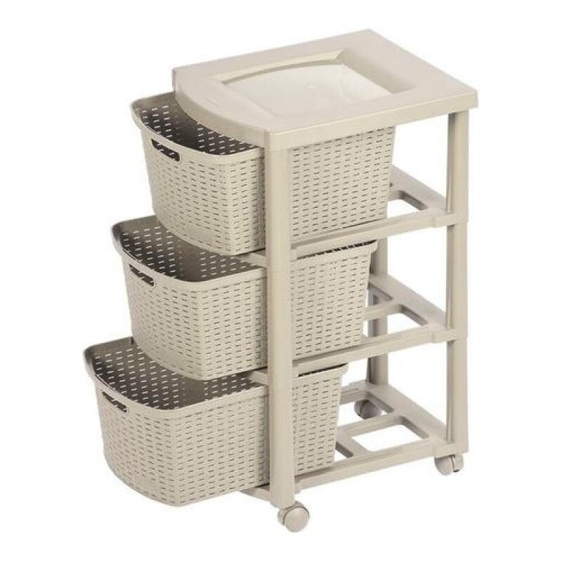 Cajonero Rimax Plastico Rattán 3 cajones, estante y ruedas Beige