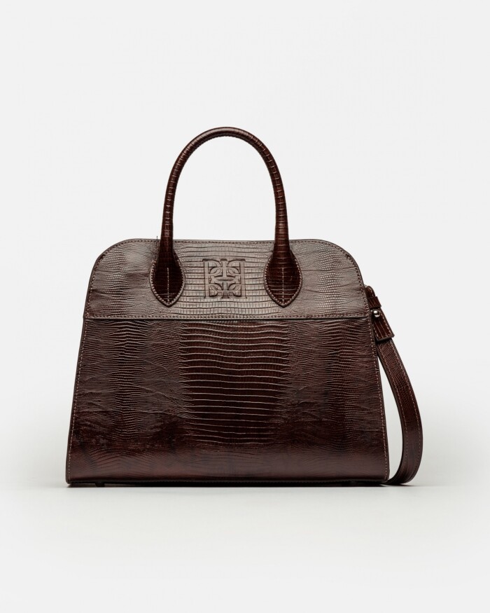 Cartera de Mano The Roots En Cuero Grabado Lagarto Marron