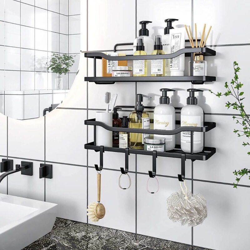 Set Estantes Organizador Baño Ducha Metal Adhesivo Ganchos Set Estantes Organizador Baño Ducha Metal Adhesivo Ganchos