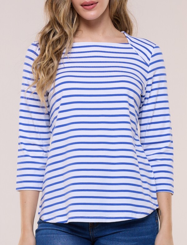 Remera Escote Bote Con Manga 3/4 Raglán BLANCO/AZUL