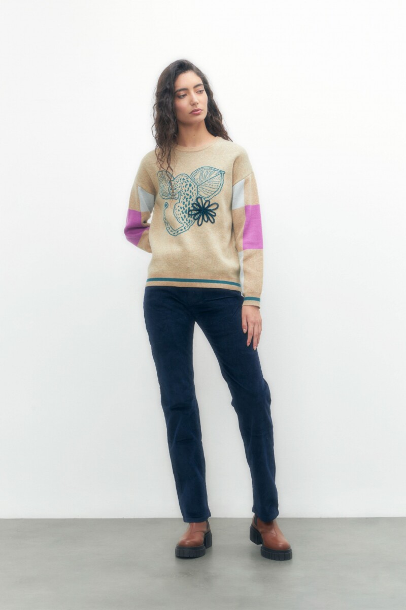 Sweater con jacquard leopardo - tostado melange 