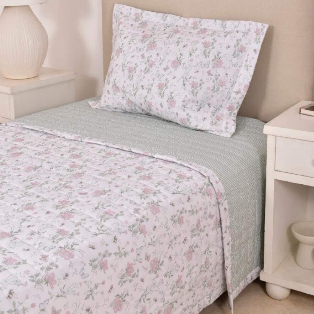 Cubrecama Col. Kids Flores Rosa Y Verde