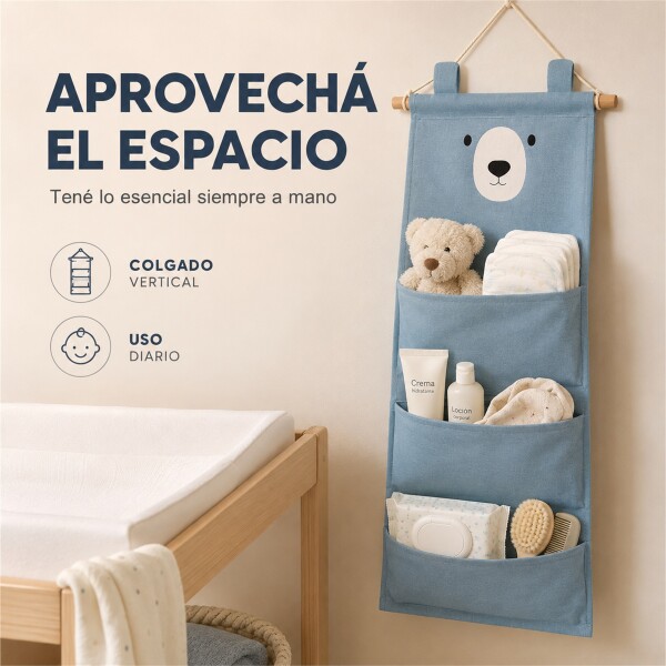 Organizador Colgante Osito Con 3 Bolsillos Para Bebé 60x20cm Azul