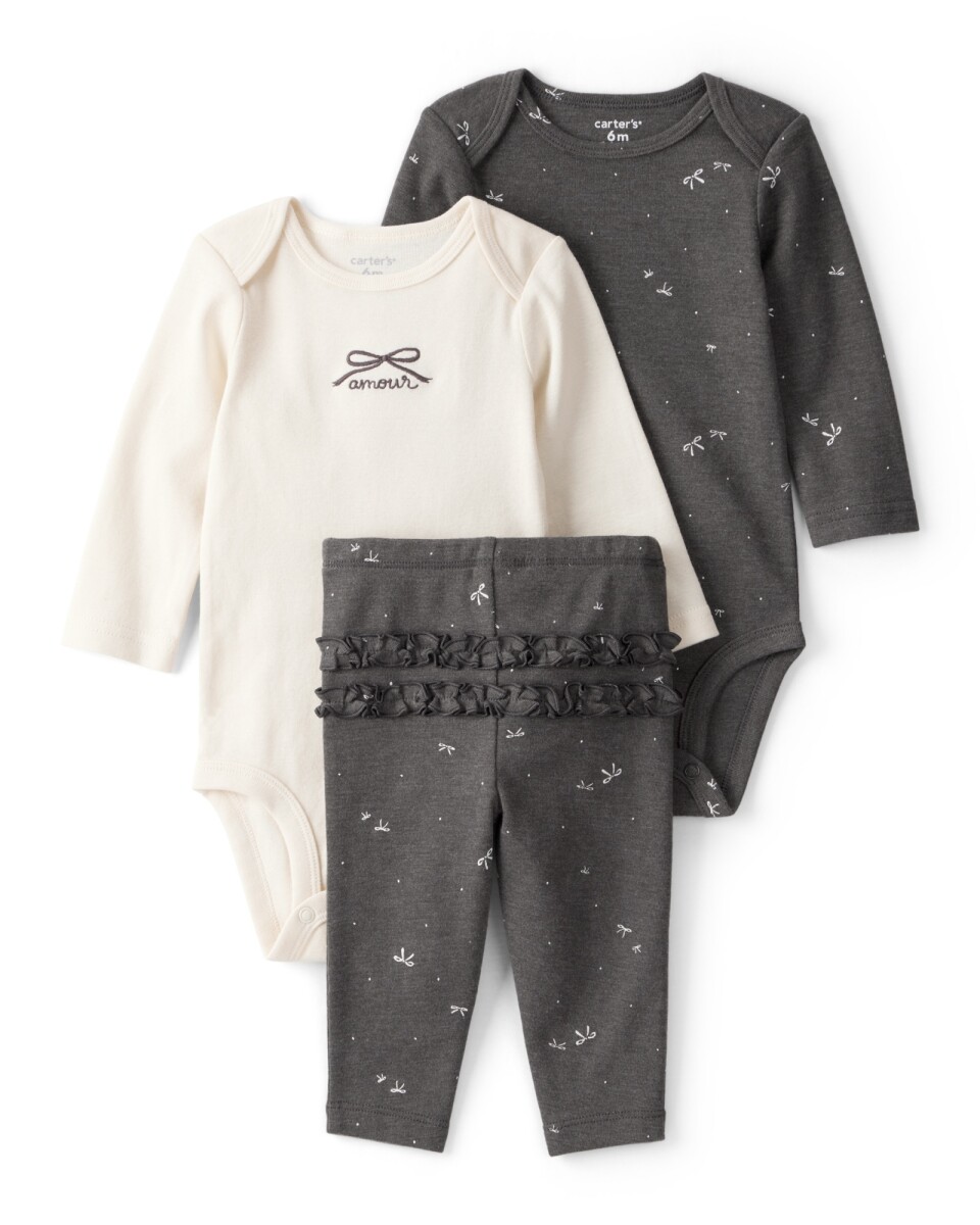 Set tres piezas de algodón, pantalón y dos bodies, diseño lazos 