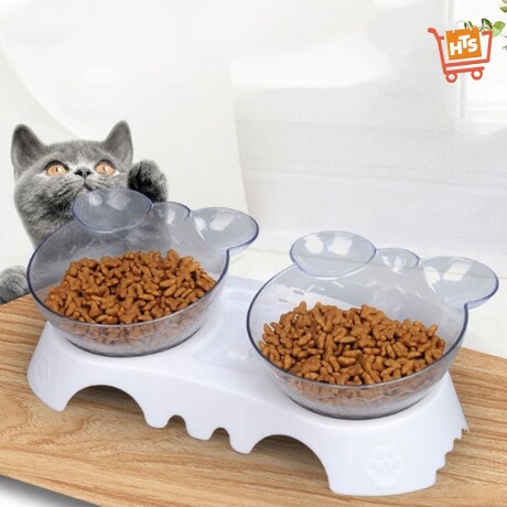 Plato Doble Transparente Comida Bebida con Base para Gatos Blanco