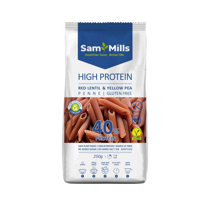 PASTA SIN GLUTEN SAM MILLS ALTA PROTEINA (40%) PENNE LENT.ROJA Y ARV.AMARILLA - 250 grs Pasta Sin Gluten Sam Mills Alta Proteina (40%) Penne Lent.roja Y Arv.amarilla - 250 Grs