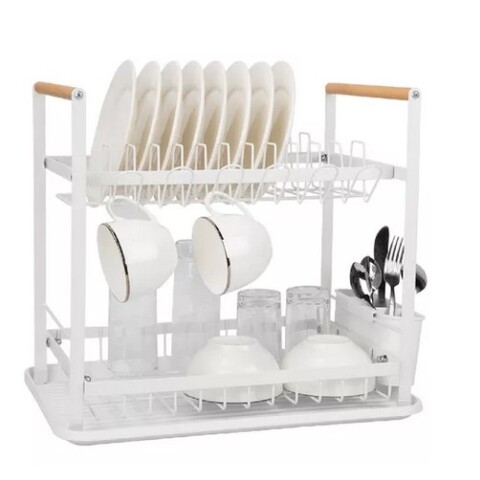 HUSP Escurridor Platos 2 Pisos Metal Con Madera Hudson - Blanco