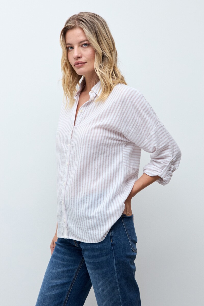 Camisa rayada con brillos beige