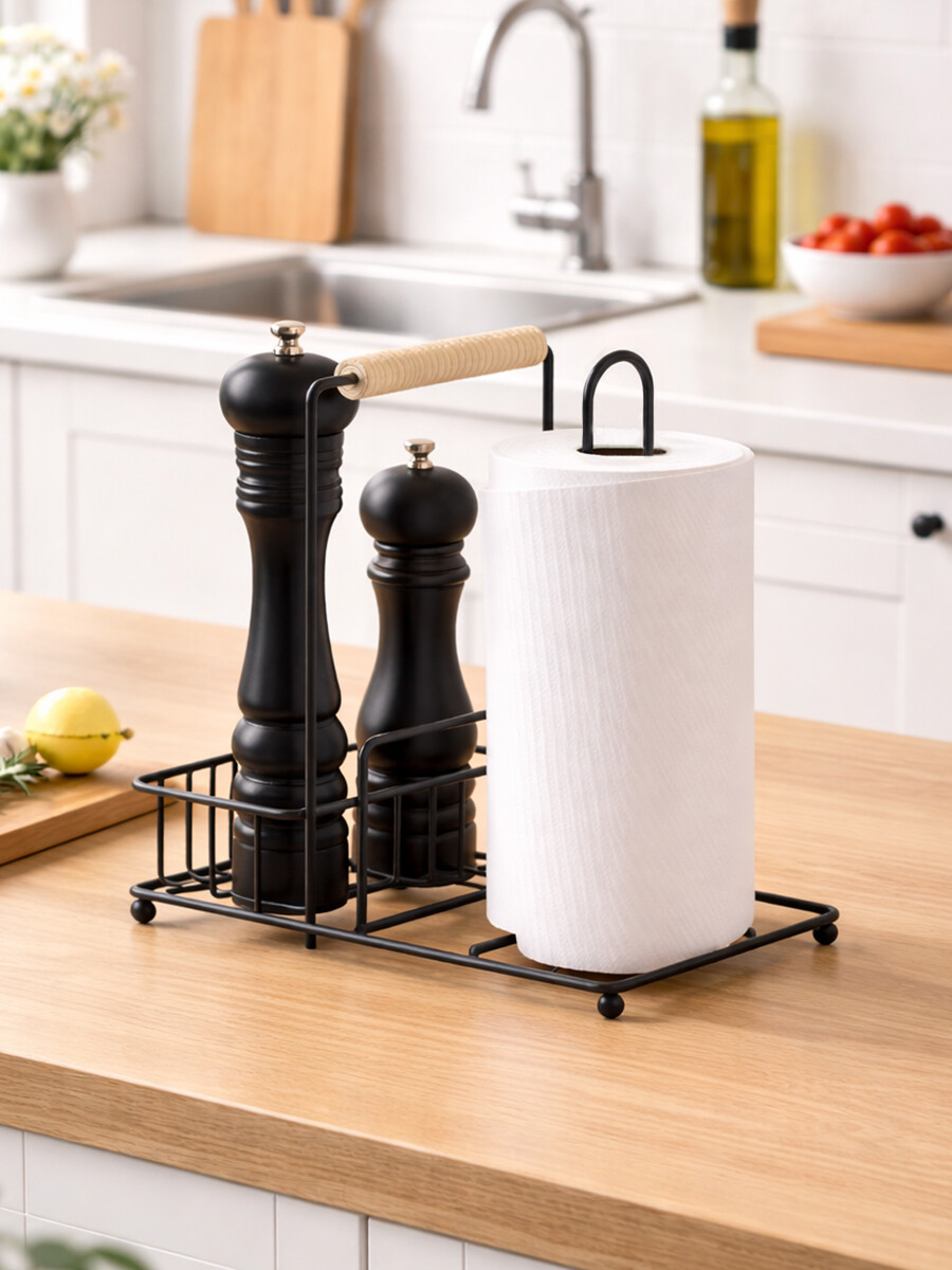 PORTA ROLLO DE COCINA Y CONDIMENTOS - NEGRO 