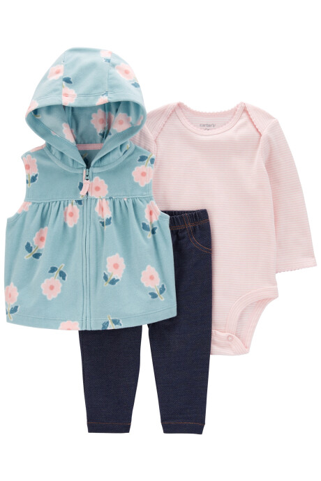 Set tres piezas, chaleco de micropolar, pantalón y body de algodón, diseño floral Sin color