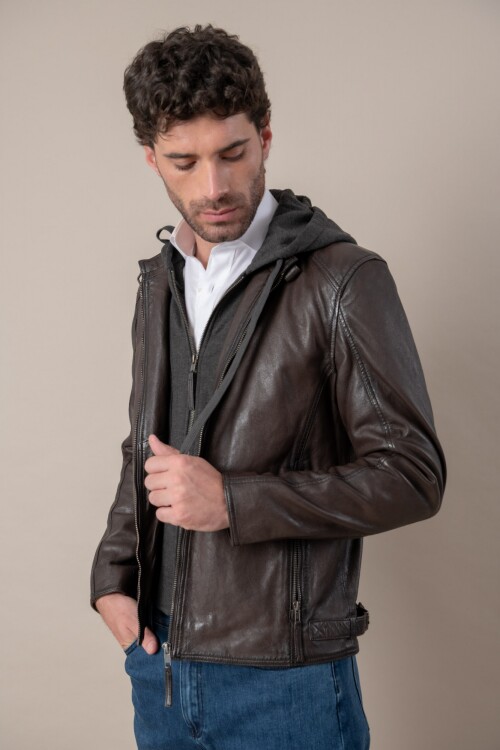 Campera cuero con capucha - Easy Rider Collection Marrón