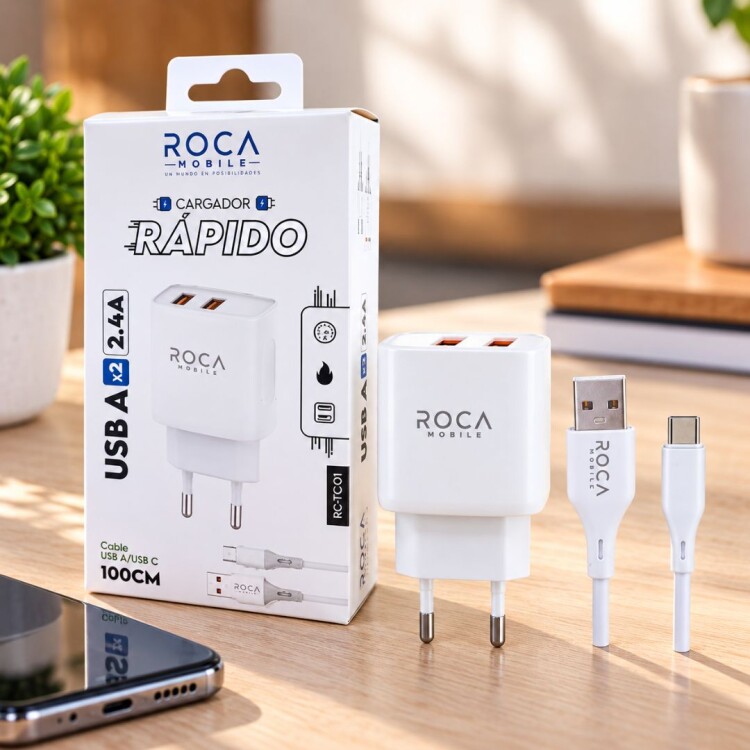Cargador Pared Roca 2.4A 2 x Usb A a Usb Cable Usb C 100cm Cargador Pared Roca 2.4A 2 x Usb A a Usb Cable Usb C 100cm