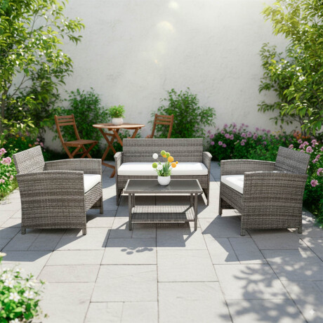 Set X4 Juego Jardín Ratán Sillones + Mesa Patio Gris