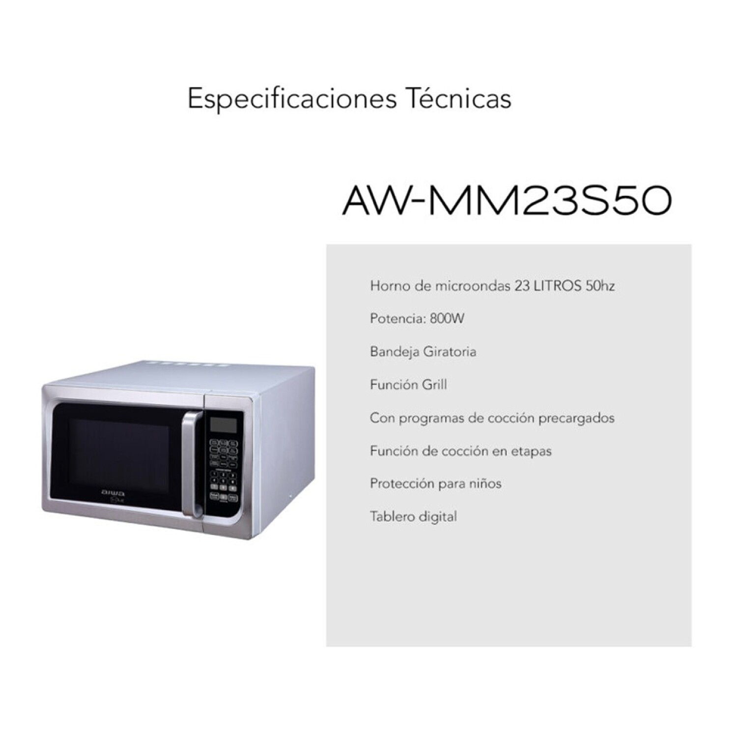Microondas Digital Aiwa de 23L y 800W en Acero Inox c/ Grill - Plateado —  HTS
