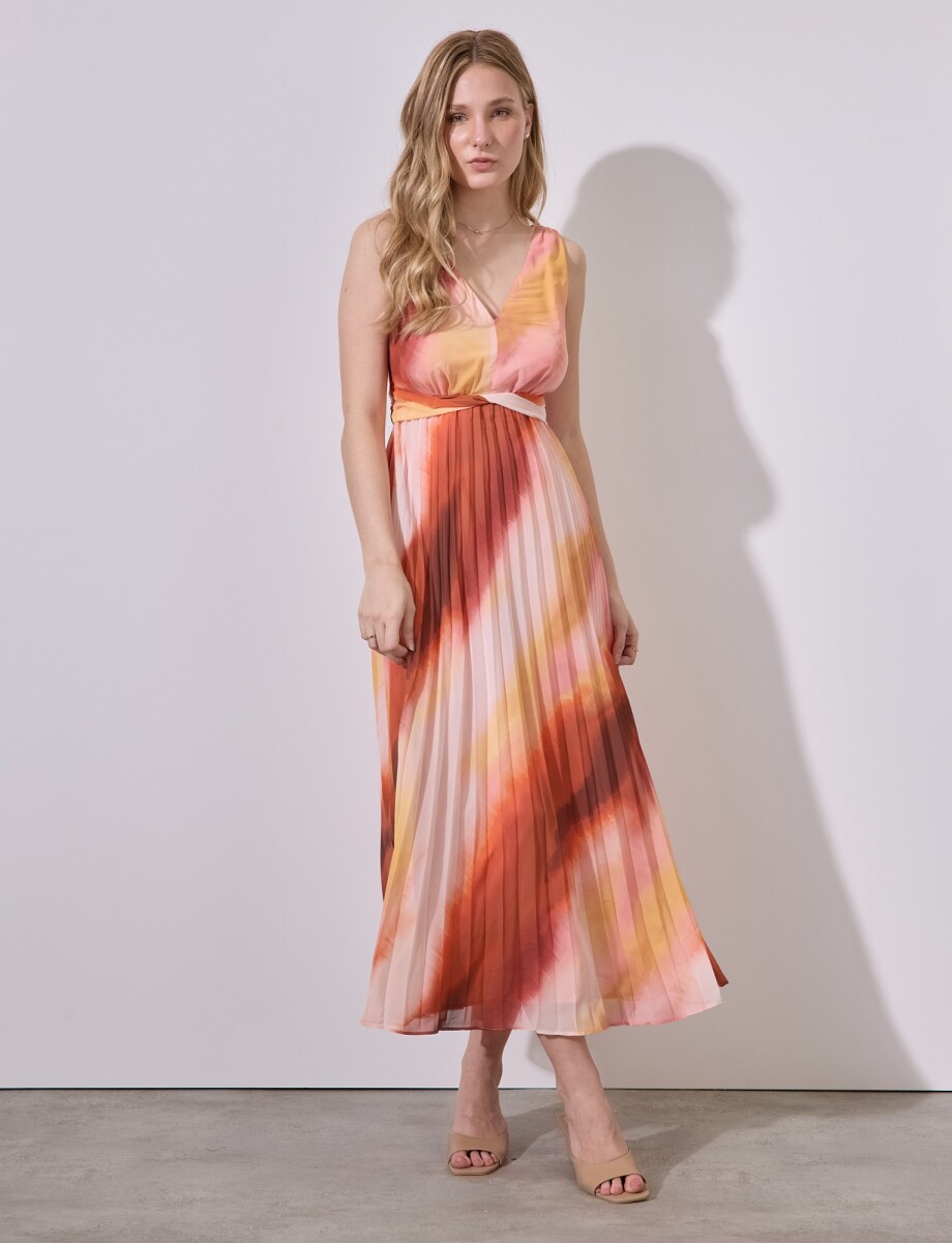 Vestido Maxi Plisado - Multi/anaranjado 