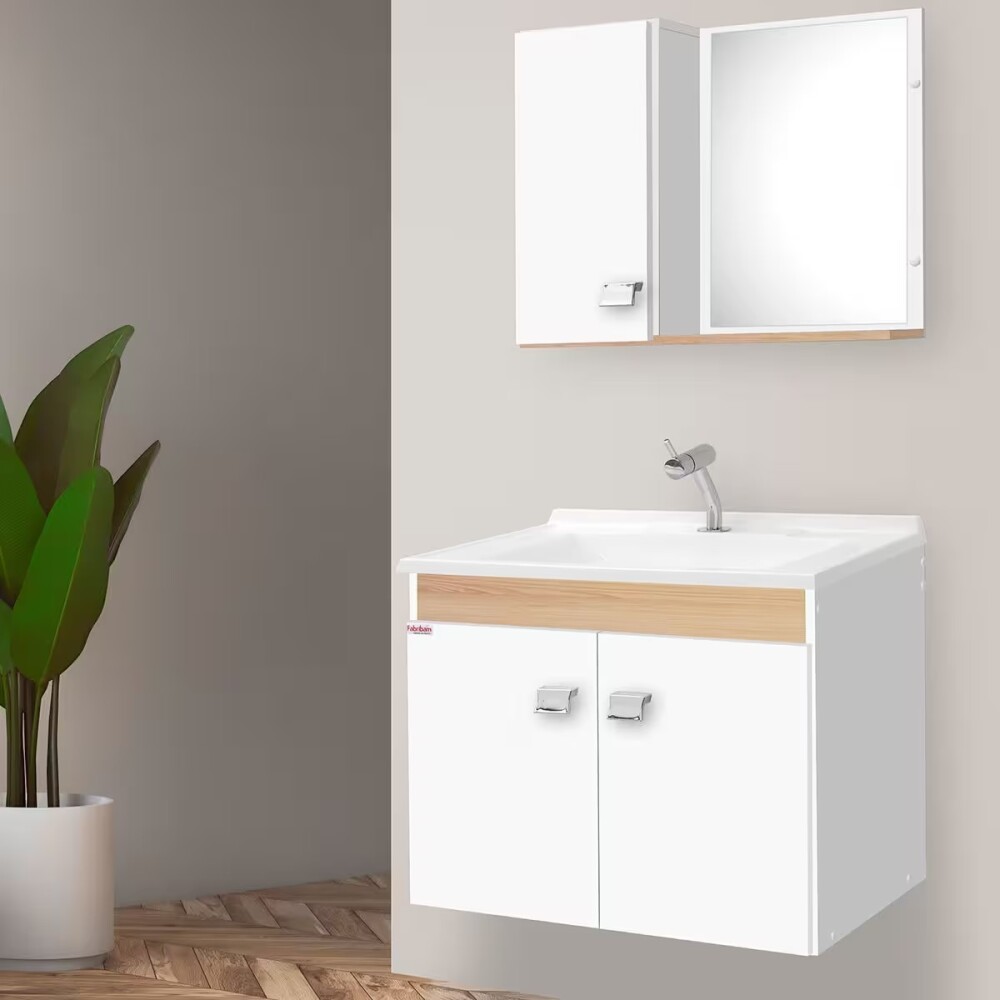 Mueble de baño suspendido Roble 56 cm con bacha de marmolina, espejo y botiquín Mueble De Baño Suspendido Roble 56 Cm Con Bacha De Marmolina, Espejo Y Botiquín