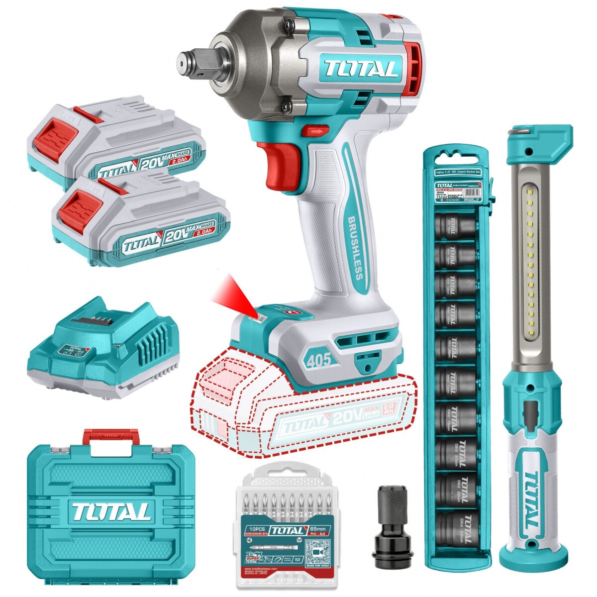 Kit Inalámbrico: Llave Impacto 20v 1/2'' + Linterna, 2 Baterías 2.0Ah 