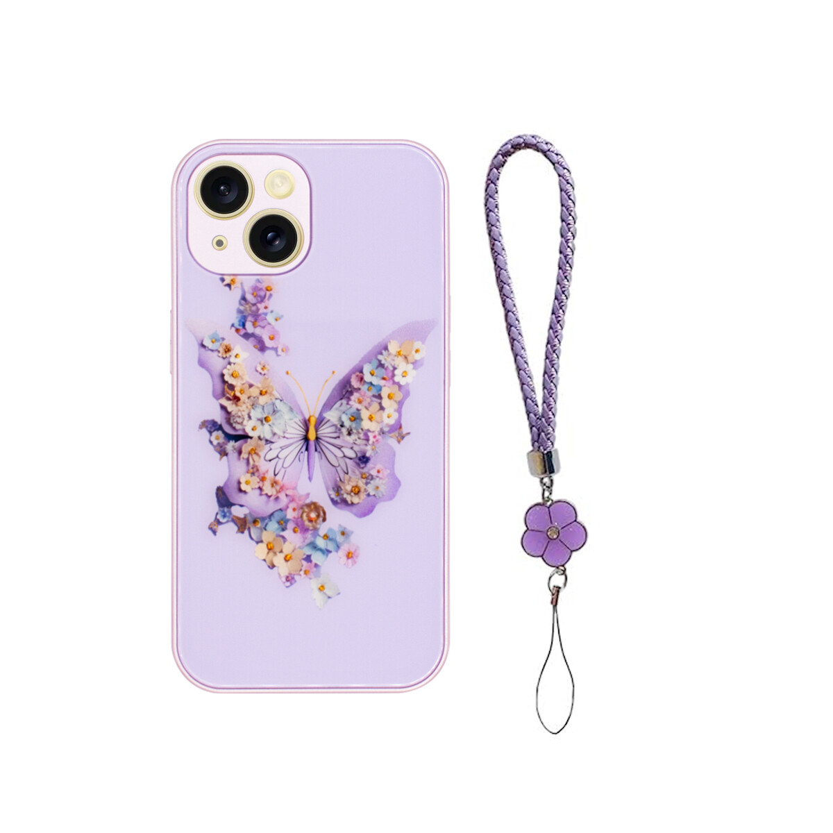 Protector rígido iPhone 15 Plus diseño mariposa púrpura con correa 