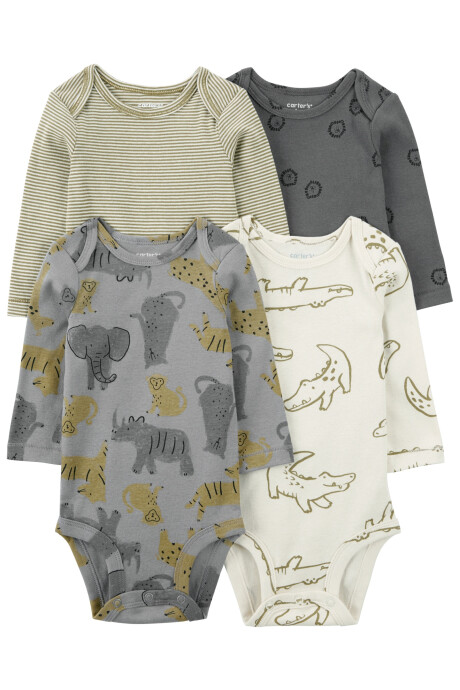 Pack cuatro bodies de algodón, manga larga, diseño safari Pack cuatro bodies de algodón, manga larga, diseño safari