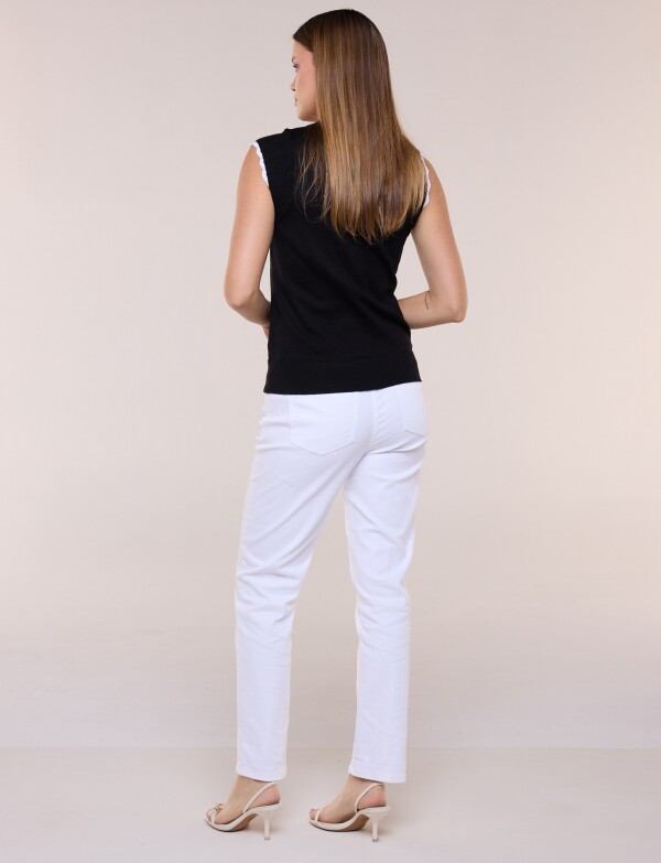 Blusa Tejida Sin Mangas Con Bordes Festoneados NEGRO
