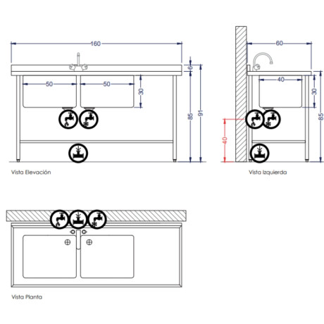 Mesada de Lavado de 2 Piletas Lateral Izquierdo de Acero Inoxidable 160 x 60 cm Mesada de Lavado de 2 Piletas Lateral Izquierdo de Acero Inoxidable 160 x 60 cm