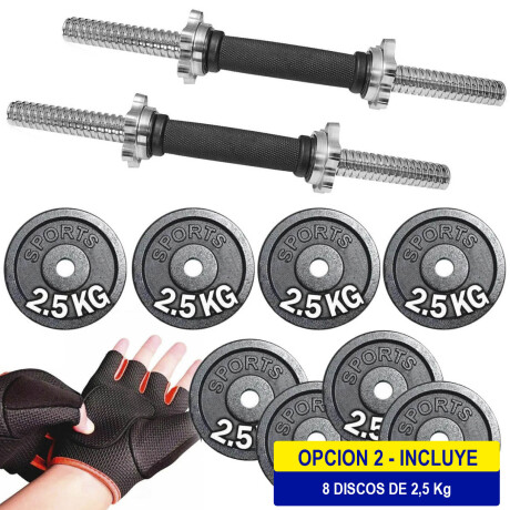 Set 2 Mancuernas Maciza Cromada + 20 Kilos + Guantes 8 Discos de 2.5Kg