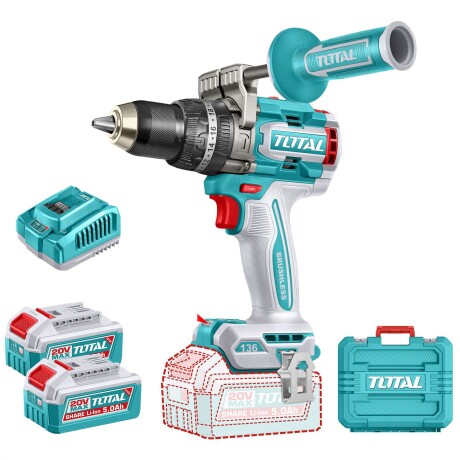 Taladro Percutor Y Atornillador 20v 136Nm - Doble Batería, Cargador Y Maletín - Sin Carbones Taladro Percutor Y Atornillador 20v 136Nm - Doble Batería, Cargador Y Maletín - Sin Carbones