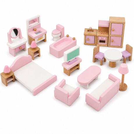 Set Muebles De Madera Para Casa Muñecas 22 Piezas Infantil Rosado