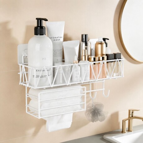 Organizador de Baño de Pared con Estante y Ganchos - BLANCO Organizador de Baño de Pared con Estante y Ganchos - BLANCO