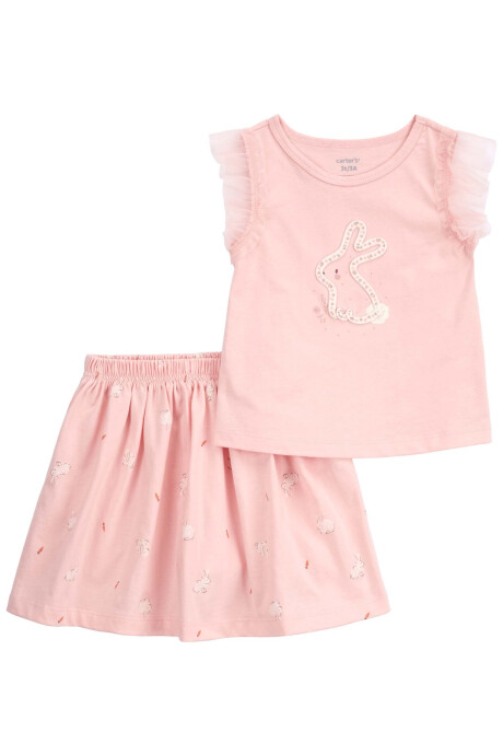 Set dos piezas de algodón, pollera short y blusa diseño conejo Sin color