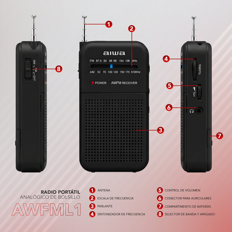 Radio Portátil Analógico de bolsillo AIWA AM/FM | AWFML1 Radio Portátil Analógico de bolsillo AIWA AM/FM | AWFML1
