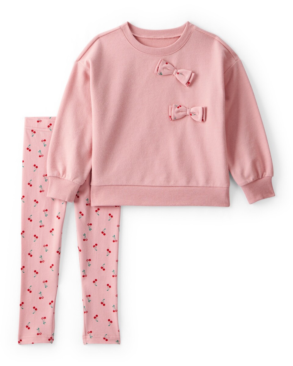 Set dos piezas de algodón, pantalón y buzo, rosado, diseño cerezas. Talles 2-5T 
