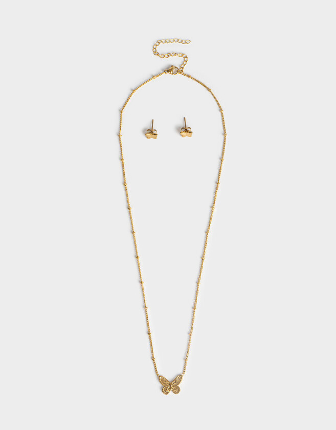 Bijouterie Set Acero quirúrgico Set De Aros Y Cadena Mariposa - Dorado