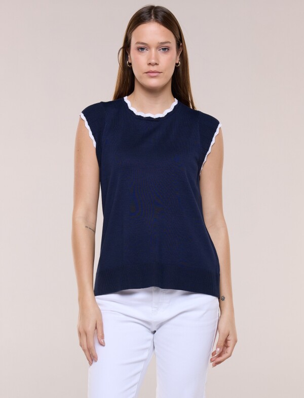 Blusa Tejida Sin Mangas Con Bordes Festoneados AZUL