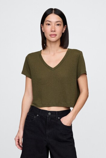 Remera Lino Crop Manga Corta Mujer Dark Olive 19-0516 Tcx