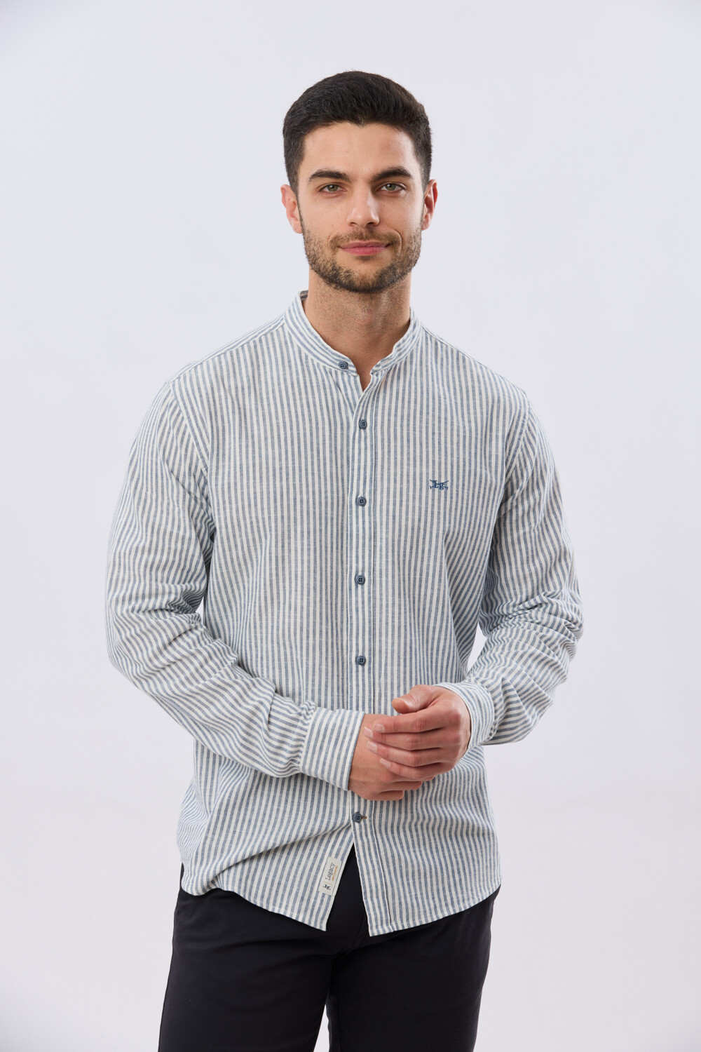 CAMISA RAYADA DE LINO CUELLO MAO Denim