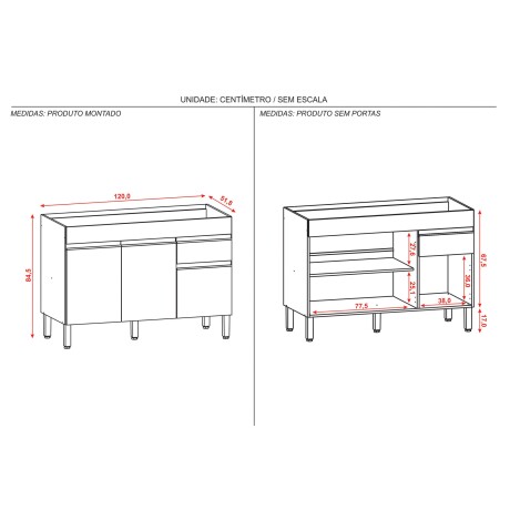 Modulo Bajo Mesada Sin Tapa Tres Puertas De 120 cms. BLANCO