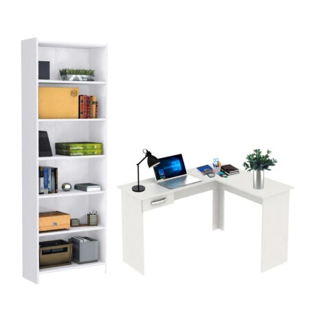Promo Escritorio Esquinero + Biblioteca 5 Estantes Blanco