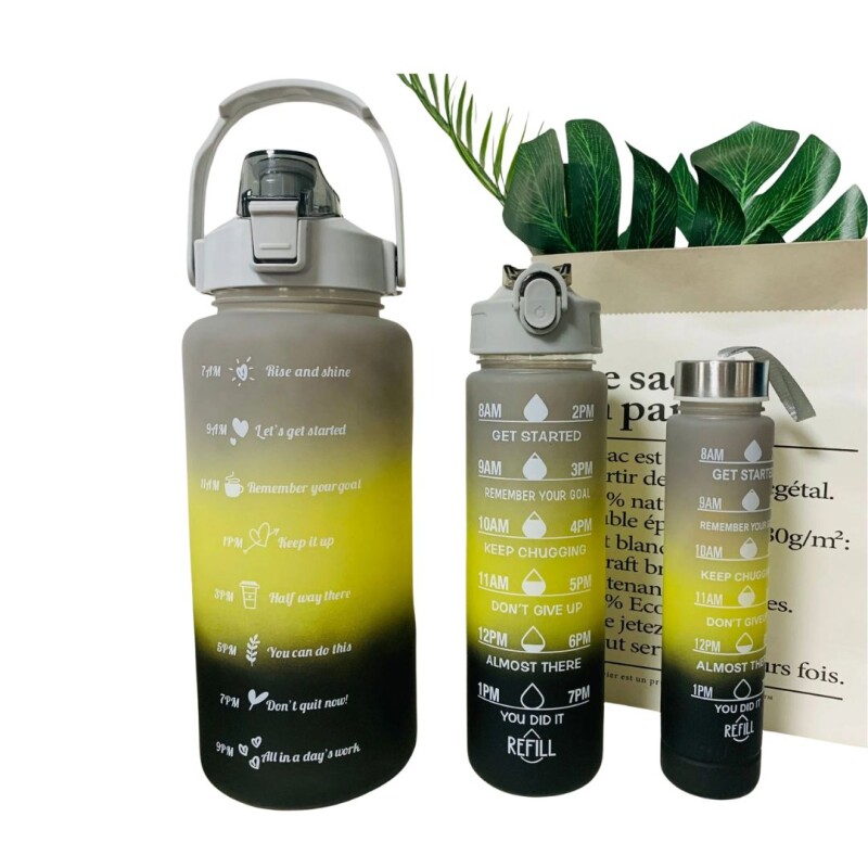 Botella Agua Deportiva Motivacional Set 3 Tamaños Diferentes Color Gris/Amarillo/Negro