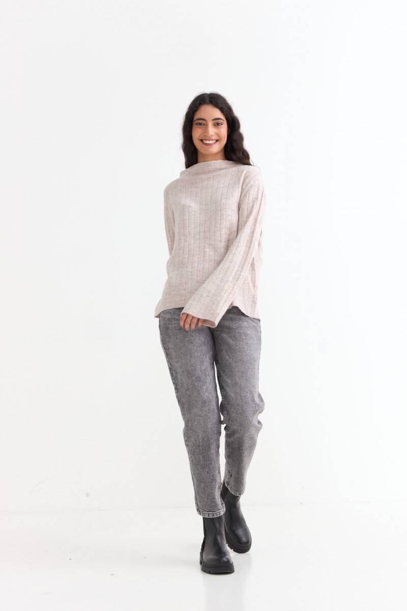 Sweater canalé con mangas oxford BEIGE