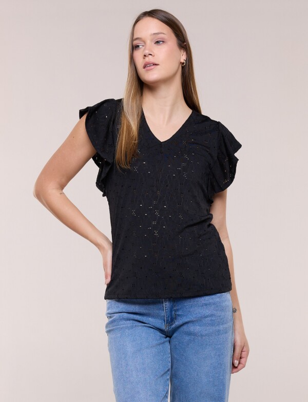 Blusa Broderie Manga Volado NEGRO