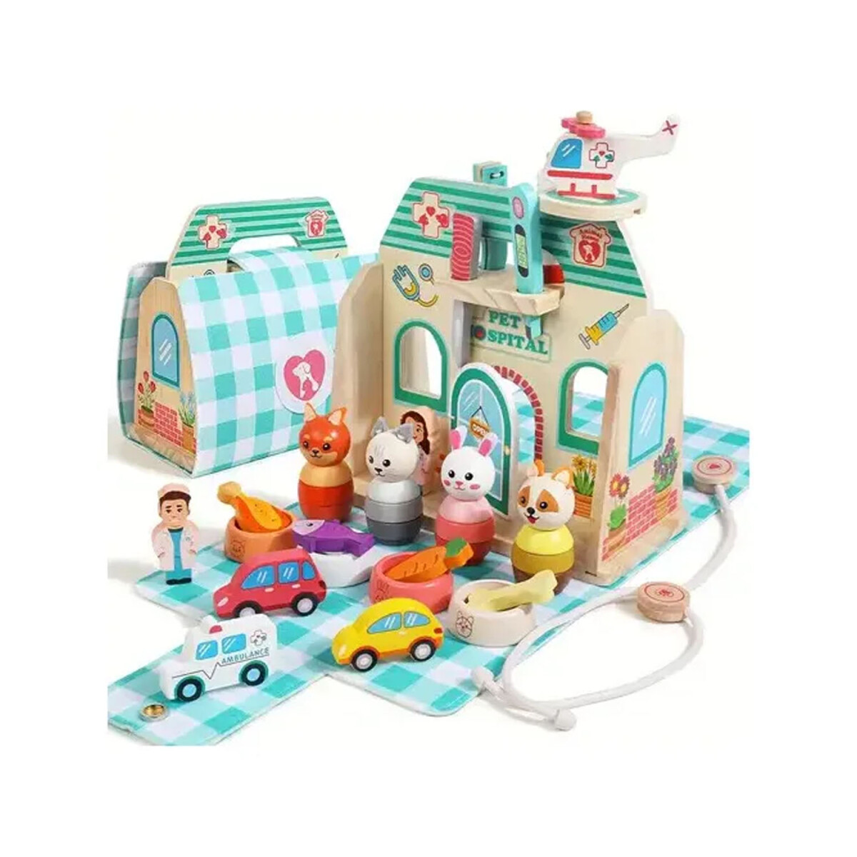 Set Juego Hospital Veterinario Madera Animales y Accesorios - Verde 