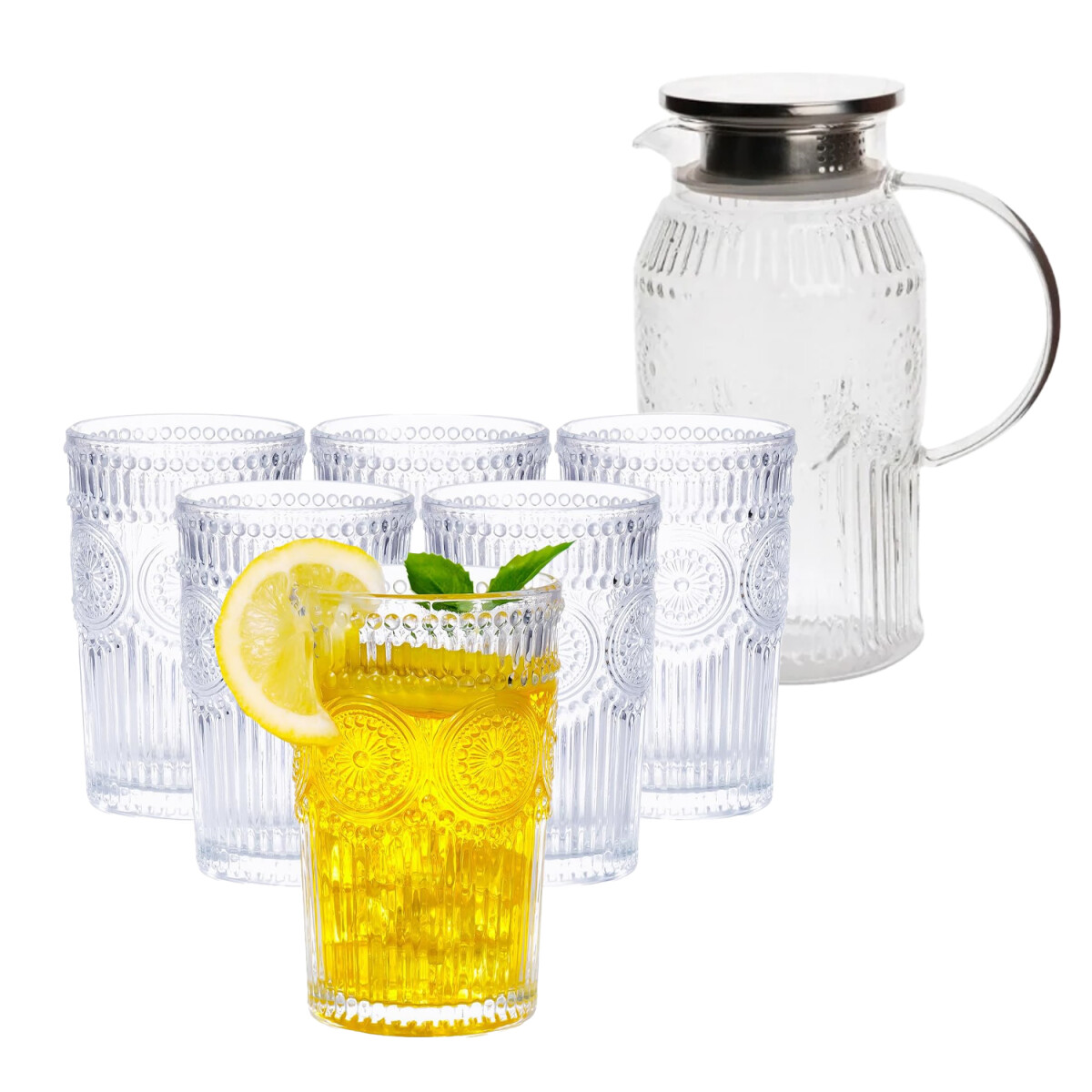 Set Jarra Vidrio + 6 Vasos Labrados Vintage - Transparente 