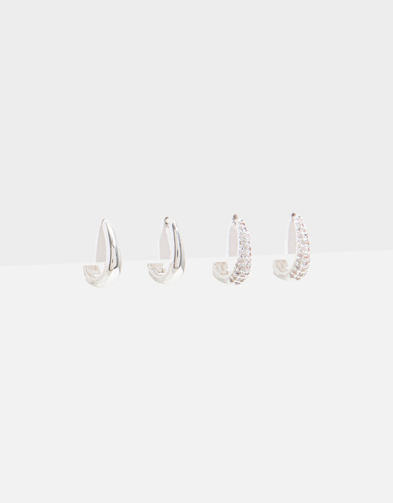 Aros Argollas Set Strass Set De Argollas Con Cubic - Plateado Rodio