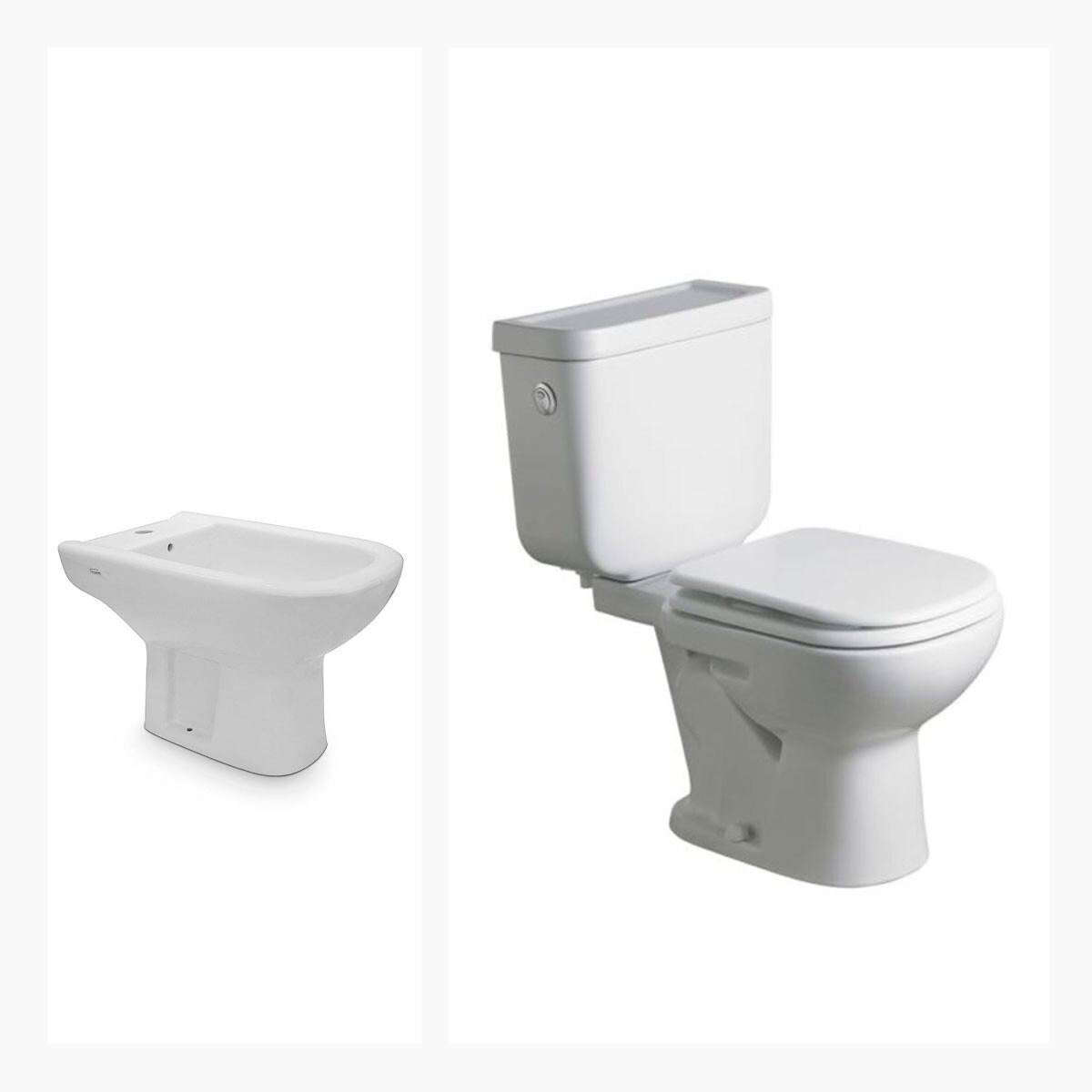 JUEGO INODORO (DESCARGA 25 CMS), TAPA DE MADERA (H.M) MOCHILA Y BIDET FERRUM LINEA BARI - BLANCO 