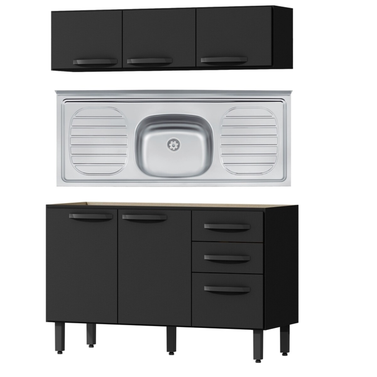 Kit de Cocina Bajo Mesada 3 Puertas y 2 Cajones con Pileta Central Tramontina Acero Inox Y Areo 3 Puertas - Negro 