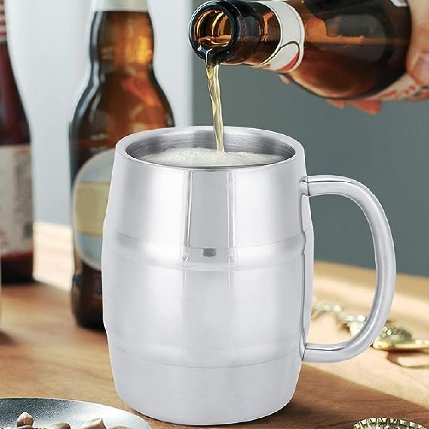 Taza térmica para café y cerveza, 300 ml, acero inoxidable con tapa, nombre  del diseño (gris) Taza térmica, taza térmica, café, cerveza