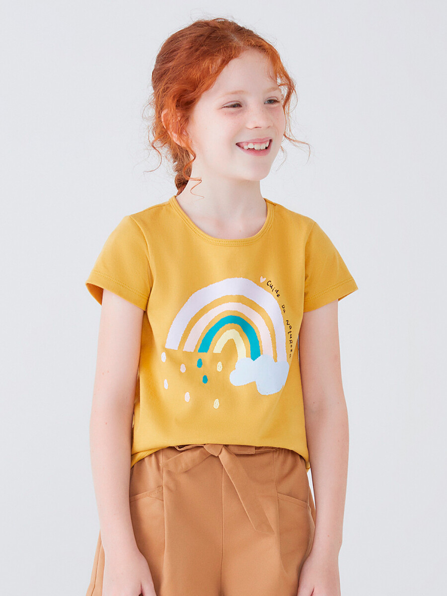 CAMISETA DE NIÑA MANGA CORTA ESTAMPADA - DORADO 