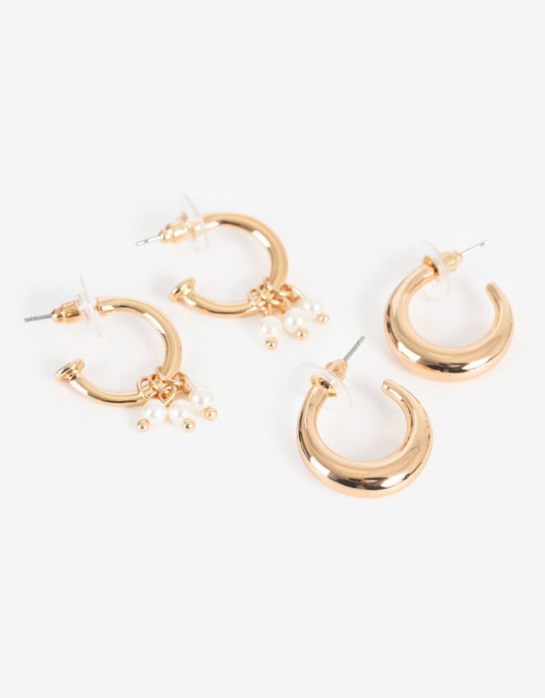 Aros Argollas Set Perlas Set De 2 Pares De Argollas De Metal Con Perla Bañado En Oro - Dorado