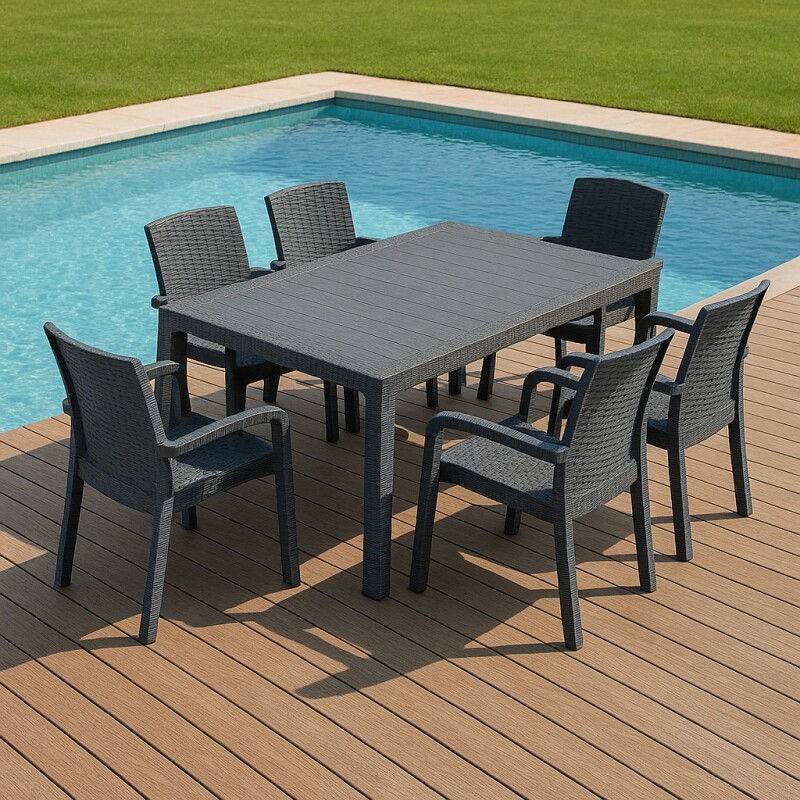 Juego de Jardín 6 Sillas Trend con apoya brazos + Mesa 90x150 GRIS
